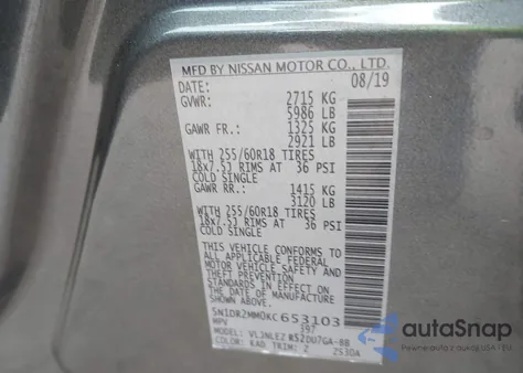 2019 Nissan Pathfinder Sv из США, поврежденный, VIN 5N1DR2MM0KC653103